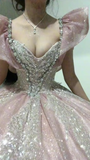 Ndyad V-neck Ball Gown Quinceanera Dress Sparkly Tulle Long Prom Dresses Pink Sweet 16 Dress HZ1024