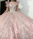 Ndyad V-neck Ball Gown Quinceanera Dress Sparkly Tulle Long Prom Dresses Pink Sweet 16 Dress HZ1024