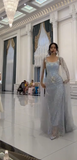 Ndyad Square Neck Sheath Formal Evening Dresses Sparkly Gray Blue Tulle Sequin Long Prom Dresses HZ1024