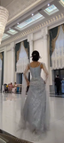 Ndyad Square Neck Sheath Formal Evening Dresses Sparkly Gray Blue Tulle Sequin Long Prom Dresses HZ1024