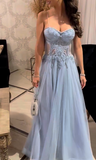 Ndyad Spaghetti Strap A-Line Formal Evening Dresses Cute Appliqu¨¦ Long Birthday Dress Gray Blue Tulle Prom Dresses HZ1024