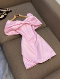Ndyad Off-the-shoulder Sheath Formal Dresses Cute Pink Satin Hoco Dresses Birthday Outfit Party Dress HZ1024