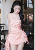Ndyad Pink Sheath Short Homecoming Dress Strapless Birthday Party Dress Satin Formal Dress HZ1024