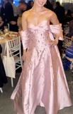 Ndyad Pink A-Line Long Evening Dress Sweetheart Neck Satin Birthday Dress Beaded Wedding Guest Dress HZ1024
