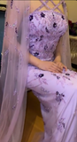 Ndyad Purple Sheath Evening Gowns with Cape Modest Halter Neck Satin Beaded Formal Dress Tulle Wedding Guest Dress HZ1024