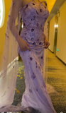 Ndyad Purple Sheath Evening Gowns with Cape Modest Halter Neck Satin Beaded Formal Dress Tulle Wedding Guest Dress HZ1024