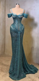 Ndyad Teal Mermaid Evening Gowns Sexy Spaghetti Straps Birthday Dress Beaded Sequins Formal Dress Wedding Guest Dress HZ1024