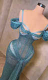 Ndyad Teal Mermaid Evening Gowns Sexy Spaghetti Straps Birthday Dress Beaded Sequins Formal Dress Wedding Guest Dress HZ1024