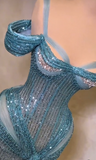 Ndyad Teal Mermaid Evening Gowns Sexy Spaghetti Straps Birthday Dress Beaded Sequins Formal Dress Wedding Guest Dress HZ1024