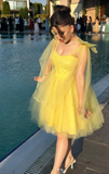 Ndyad Yellow A-Line Short Homecoming Dress Tulle Straps Birthday Dress Fairy Graduation Prom Dress HZ1024