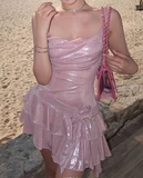 Ndyad Pink Sheath Short Homecoming Dress Satin Spaghetti Straps Birthday Dress Pool Party Dress HZ1024