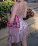 Ndyad Pink Sheath Short Homecoming Dress Satin Spaghetti Straps Birthday Dress Pool Party Dress HZ1024