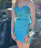 Ndyad Blue Bodycon Short Homecoming Dress Spaghetti Strap Satin Formal Dress Graduation Party Dress HZ1024