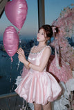 Ndyad Pink Ball Gown Birthday Dress Strap Short Homecoming Dress Beaded Satin Formal Dress HZ1024