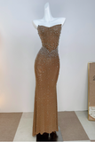 Ndyad Mermaid Strapless Long Prom Dress Beaded Chiffon Champagne Evening Gown HZ1024