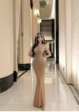 Ndyad Mermaid Strapless Long Prom Dress Beaded Chiffon Champagne Evening Gown HZ1024