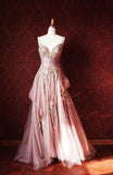 Ndyad A-Line Spaghetti Strap Tulle Long Prom Dress with Beaded Appliques Sweet 16 Dress HZ1024