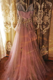 Ndyad A-Line Spaghetti Strap Tulle Long Prom Dress with Beaded Appliques Sweet 16 Dress HZ1024