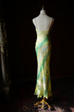 Ndyad Green Sheath Spaghetti Strap Floral Chiffon Long Prom Dress Beaded Formal Evening Dress Wedding Guest Dress HZ1024