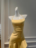 Ndyad Sheath Halter Satin Long Prom Dress Yellow Backless Formal Dress Hi-Lo Evening Dress HZ1024