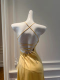 Ndyad Sheath Halter Satin Long Prom Dress Yellow Backless Formal Dress Hi-Lo Evening Dress HZ1024