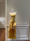 Ndyad Sheath Halter Satin Long Prom Dress Yellow Backless Formal Dress Hi-Lo Evening Dress HZ1024