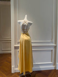 Ndyad Sheath Halter Satin Long Prom Dress Yellow Backless Formal Dress Hi-Lo Evening Dress HZ1024