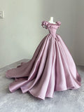 Ndyad Dusty Pink Ball Gown Satin Long Prom Dress Jewel Short Sleeve Quinceanera Sweet 16 Dress HZ1024