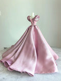 Ndyad Dusty Pink Ball Gown Satin Long Prom Dress Jewel Short Sleeve Quinceanera Sweet 16 Dress HZ1024