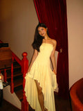 Ndyad Yellow Sheath Satin Long Prom Dress Strapless Wedding Guest Dress Ruffles Formal Evening Dress HZ1024
