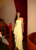 Ndyad Yellow Sheath Satin Long Prom Dress Strapless Wedding Guest Dress Ruffles Formal Evening Dress HZ1024