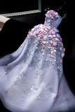 Ndyad Purple Ball Gown Tulle Long Prom Dress Strapless Applique Formal Evening Dress Sweet 16 Dress HZ1024