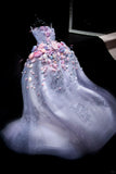 Ndyad Purple Ball Gown Tulle Long Prom Dress Strapless Applique Formal Evening Dress Sweet 16 Dress HZ1024