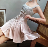 Ndyad A-Line Square Neck Short Birthday Prom Dress Satin Beaded Formal Dress Graduation Dress Middle School Homecoming Dress HZ1024