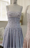 Ndyad A-Line Square Neck Short Birthday Prom Dress Satin Beaded Formal Dress Graduation Dress Middle School Homecoming Dress HZ1024
