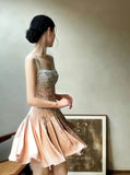Ndyad A-Line Square Neck Short Birthday Prom Dress Satin Beaded Formal Dress Graduation Dress Middle School Homecoming Dress HZ1024