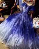 Ndyad Off-the-shoulder A-Line Tulle Long Prom Dress Blue Formal Evening Dress HZ1024