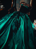 Ndyad Strapless A-Line Satin Lace Applique Long Prom Dress Vintage Green Formal Evening Dress HZ1024
