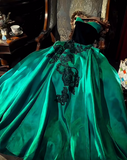 Ndyad Strapless A-Line Satin Lace Applique Long Prom Dress Vintage Green Formal Evening Dress HZ1024
