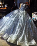 Ndyad Strapless A-Line Bridal Dress Tulle Beaded Applique Long Prom Dress Silver Grey Formal Evening Dress HZ1024