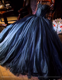 Ndyad Strapless A-Line Tulle Sequin Long Prom Dress Navy Blue Formal Evening Dress HZ1024