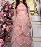Ndyad Strapless Sheath Tulle Beaded Long Prom Dress Peach Formal Evening Dress HZ1024