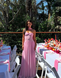 Ndyad Strapless Sheath Chiffon Long Prom Dress Pink Formal Evening Dress HZ1024