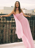 Ndyad Strapless Sheath Chiffon Long Prom Dress Pink Formal Evening Dress HZ1024