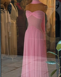 Ndyad Strapless Sheath Chiffon Long Prom Dress Pink Formal Evening Dress HZ1024