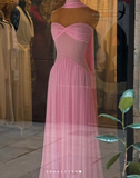 Ndyad Strapless Sheath Chiffon Long Prom Dress Pink Formal Evening Dress HZ1024