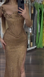 Ndyad Spaghetti Strap Sheath Long Prom Dress£¬Gold Formal Evening Dress HZ1024