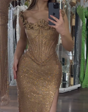 Ndyad Spaghetti Strap Sheath Long Prom Dress£¬Gold Formal Evening Dress HZ1024