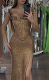 Ndyad Spaghetti Strap Sheath Long Prom Dress£¬Gold Formal Evening Dress HZ1024