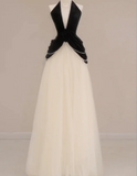 Ndyad A-Line Tulle Velvet Long Evening Dress Black/White V-neck Wedding Guest Dress HZ1024